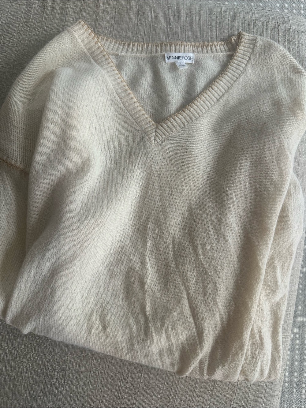 Minnie Rose Women's Cream V-Neck Sweater with Contrast Stitching - Picture 3 of 5